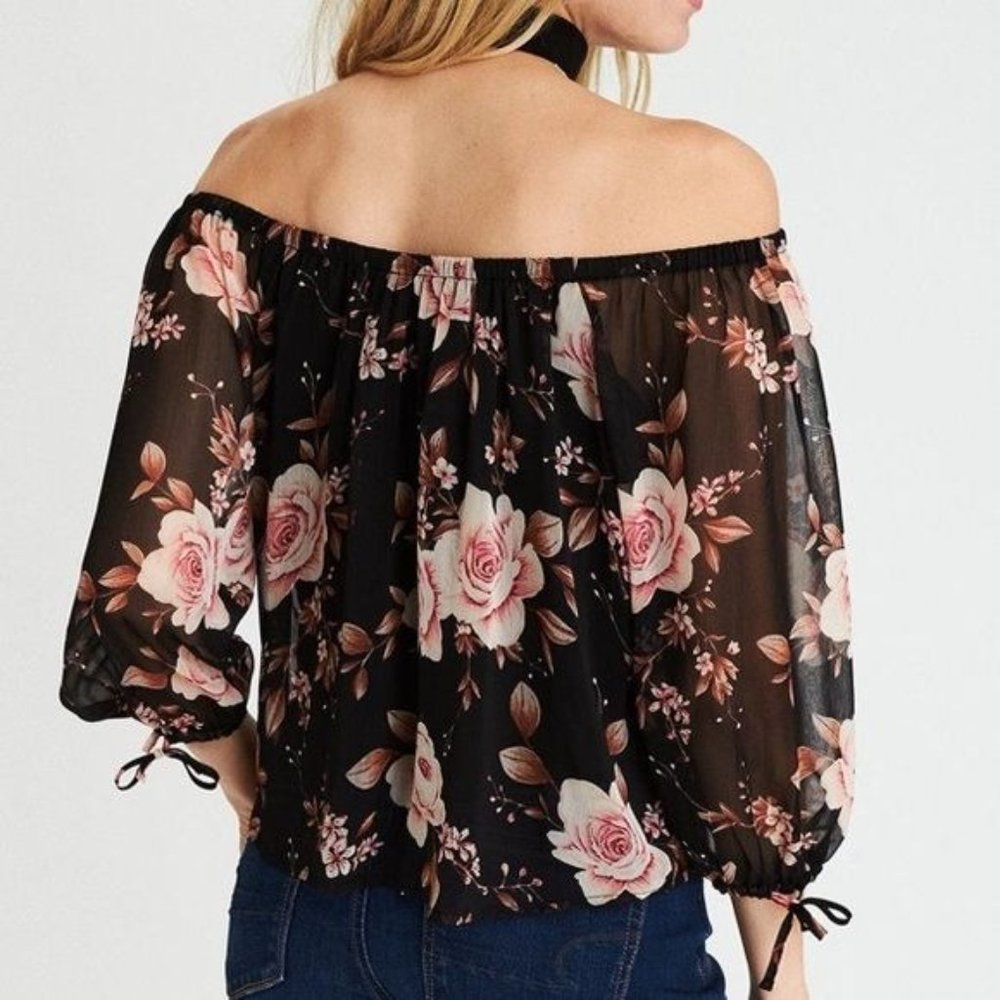 American Eagle Medium Floral and Chiffon Off the shoulder long sleeve crop top - Picture 2 of 5